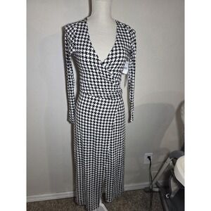 Good American Houndstooth Wrap Dress Long‎ Sleeve Tie Waist Size 1